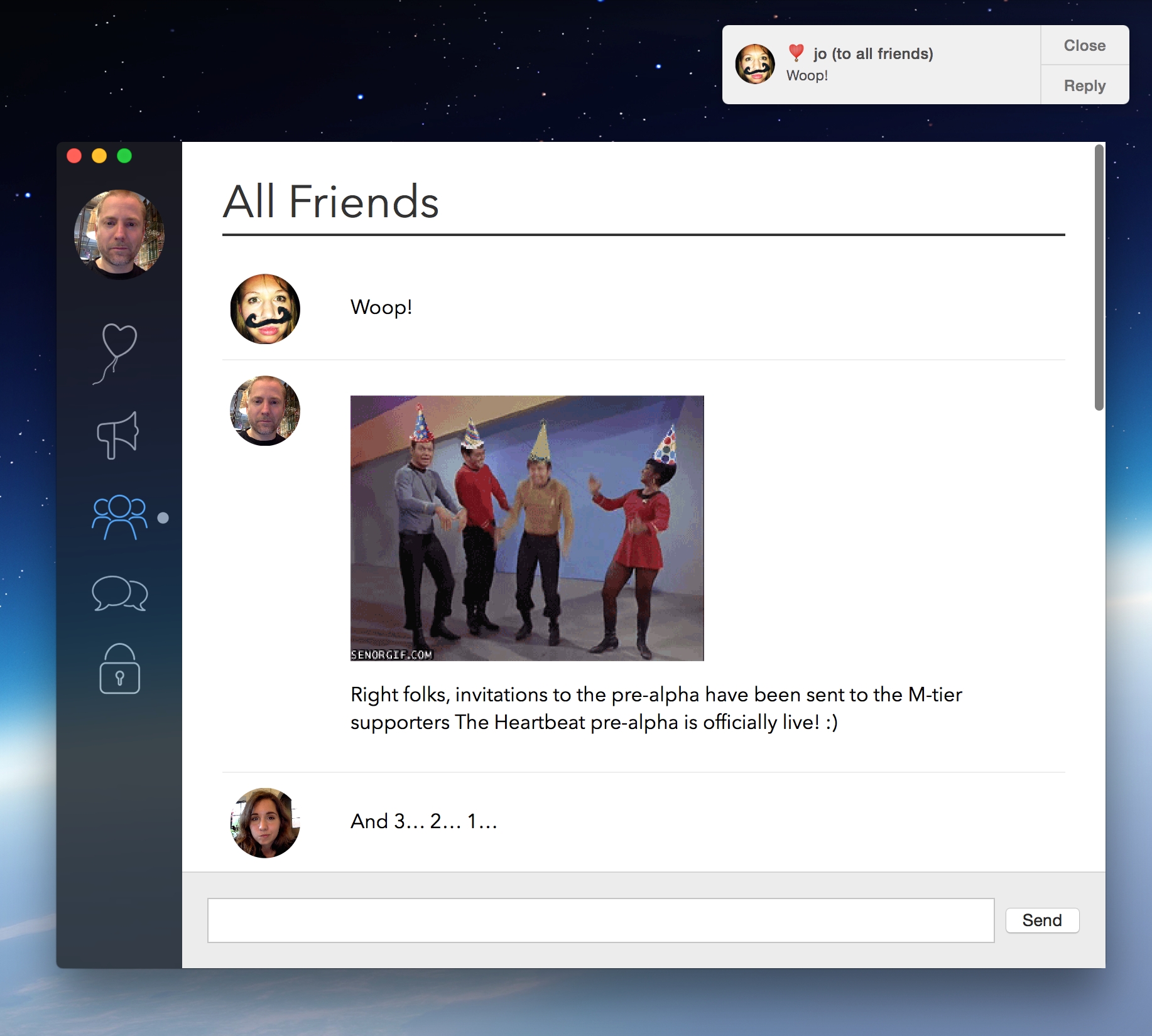 Screenshot of the Heartbeat app on OS X showing messages and notifications working