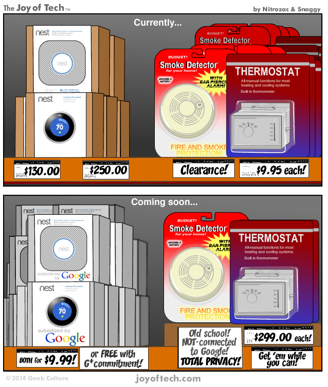 Currently: expensive Nest devices and cheap old-school smoke alarms and thermostats. Coming soon: cheap Google Nest devices and expensive “total privacy” old-school smoke alarms and thermostats