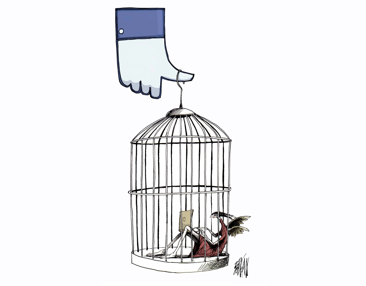 Person using a computer in a cage, held up by Facebook’s Like icon