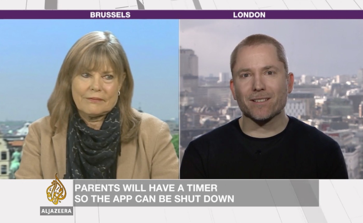 Aral on TV opposite Janice Richardson, talking about YouTube For Kids