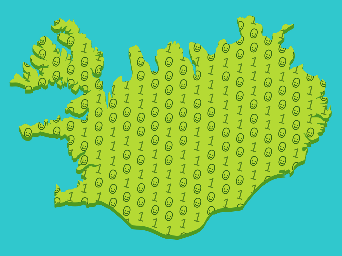 Map of Iceland with happy face 1s and 0s