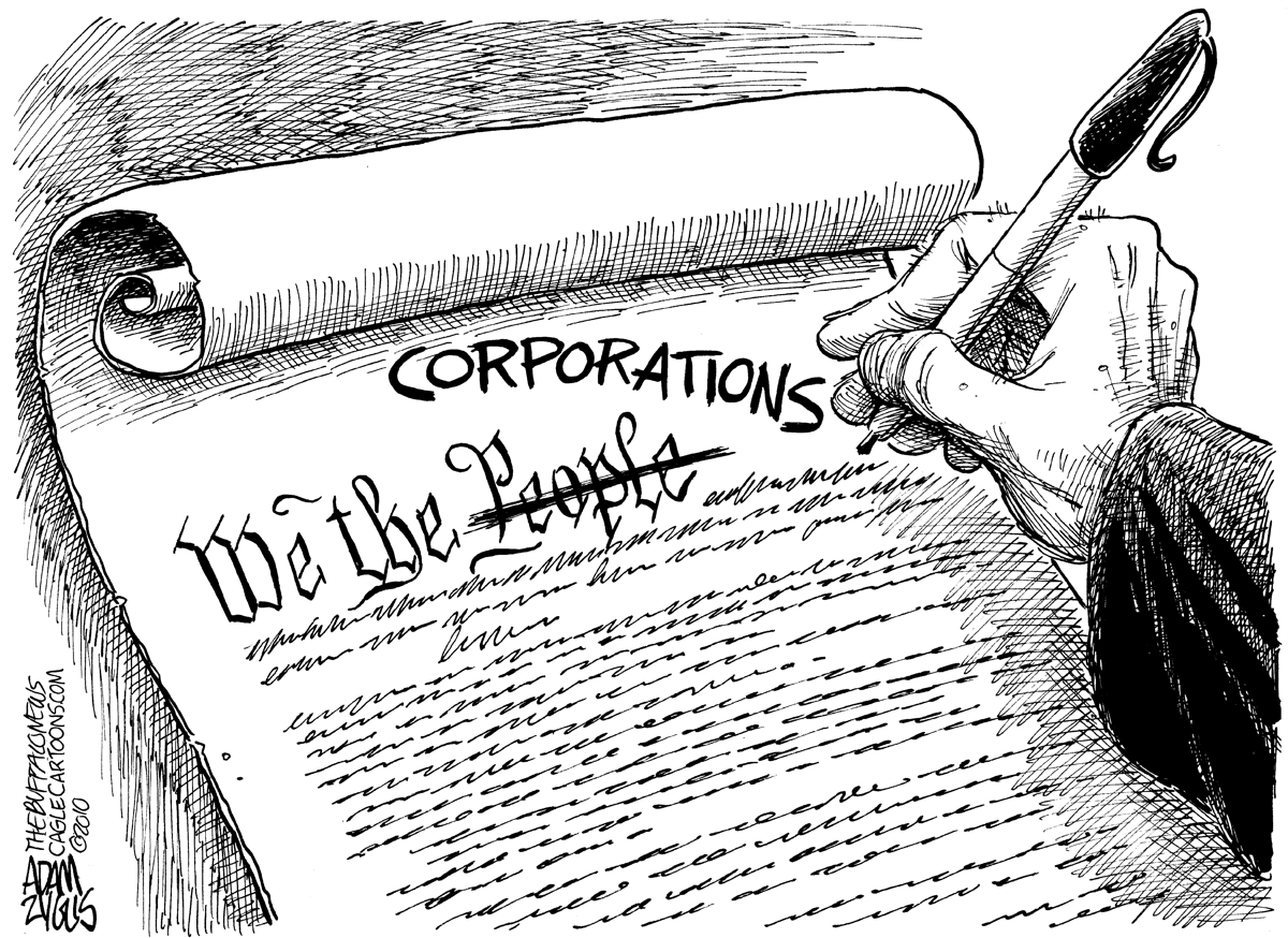 Hand signing declaration of We The People, crossing out People and replacing with Corporations