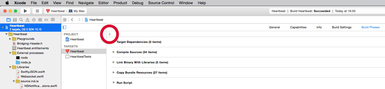Xcode interface showing the Build Phases section of the current target.